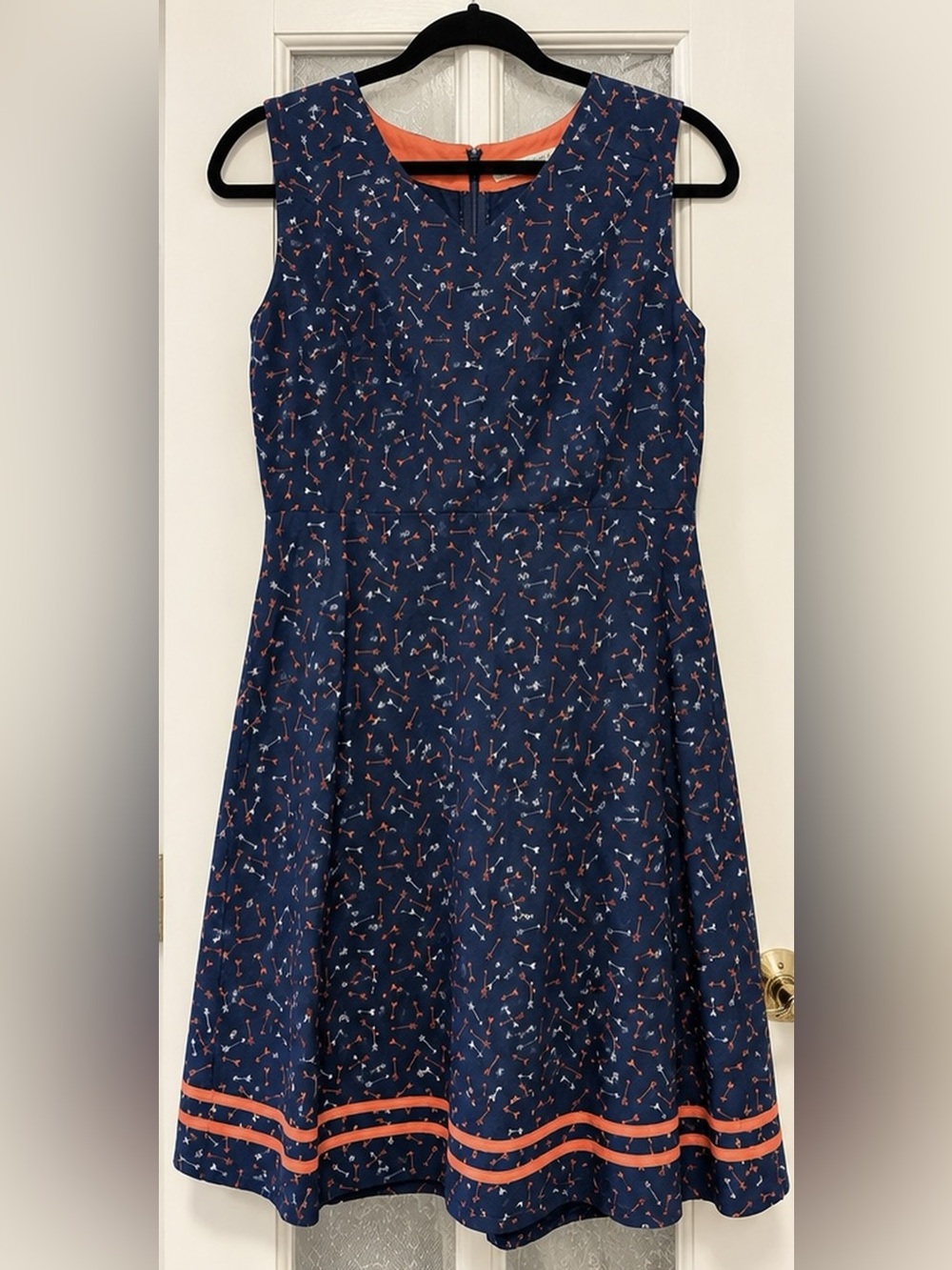 Mata Traders Women’s Cotton Dress Navy Orange Arrow Print Fit Flare Size L